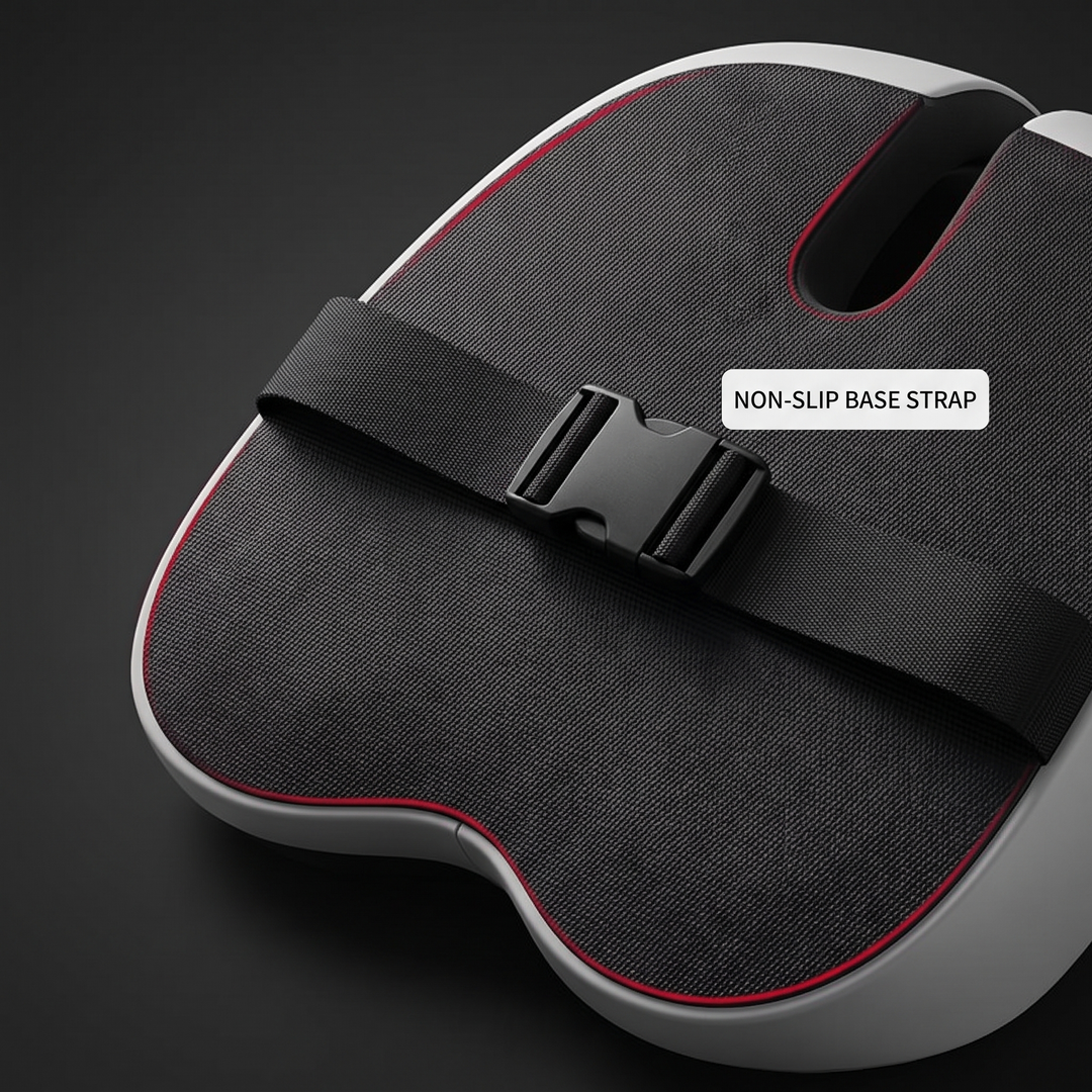 Close-up of the non-slip base strap on the ergonomic lumbar support seat cushion