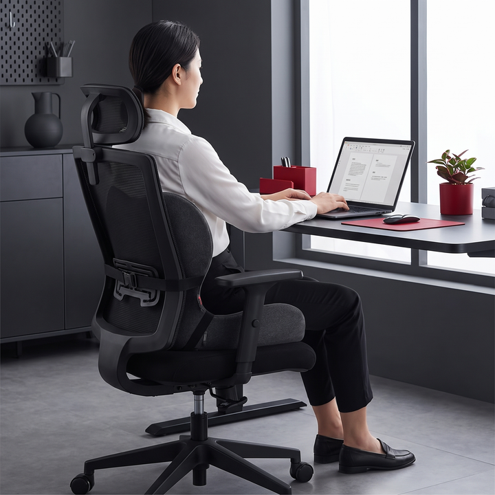 Ergonomic lumbar support seat cushion, deep gray, strapped to a mesh office chair for posture support