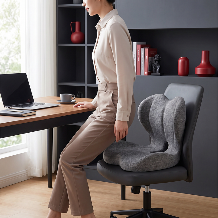 Ergonomic lumbar support seat cushion, mixed gray, on office chair at a modern desk setup