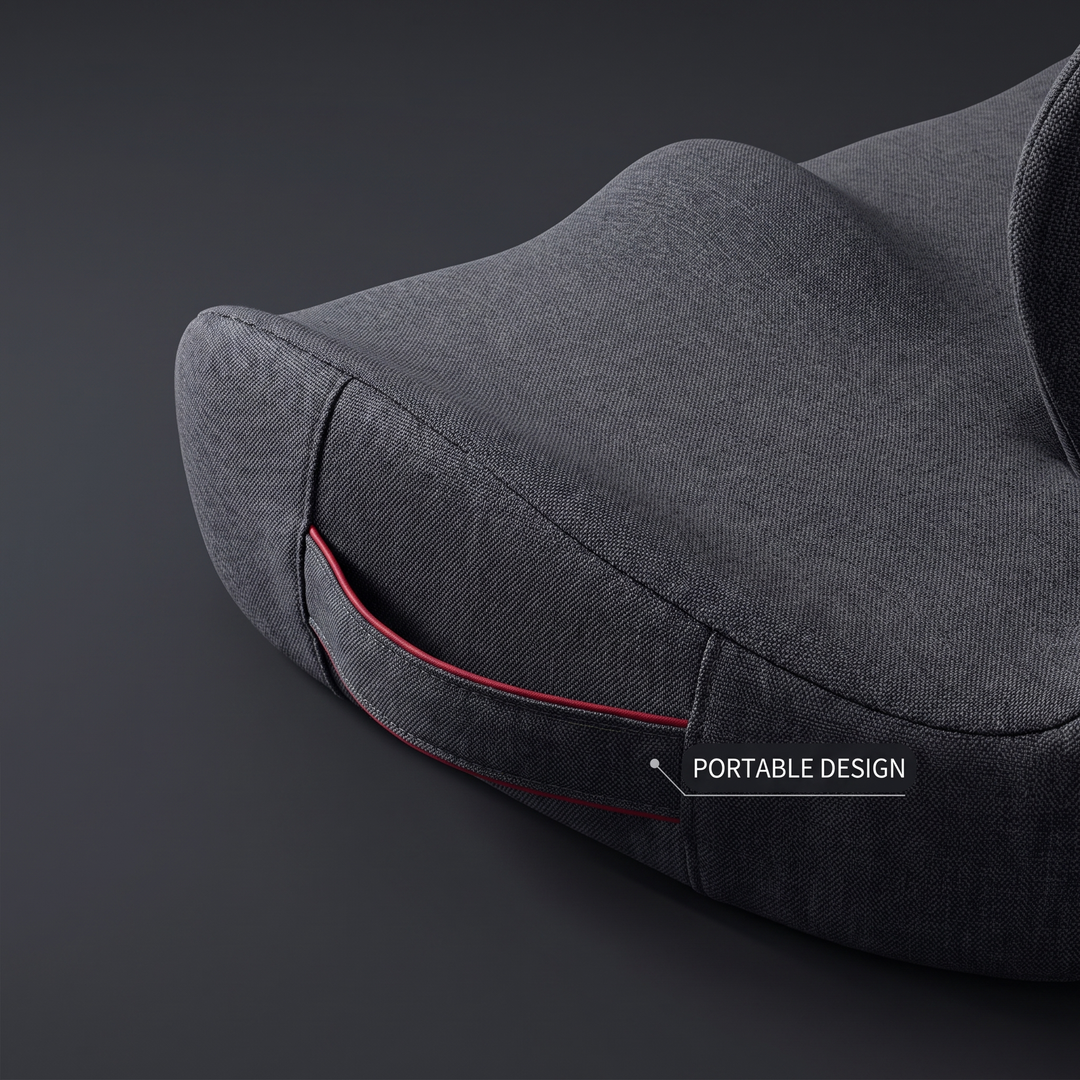 Portable carry handle on the ergonomic lumbar support seat cushion for easy transport