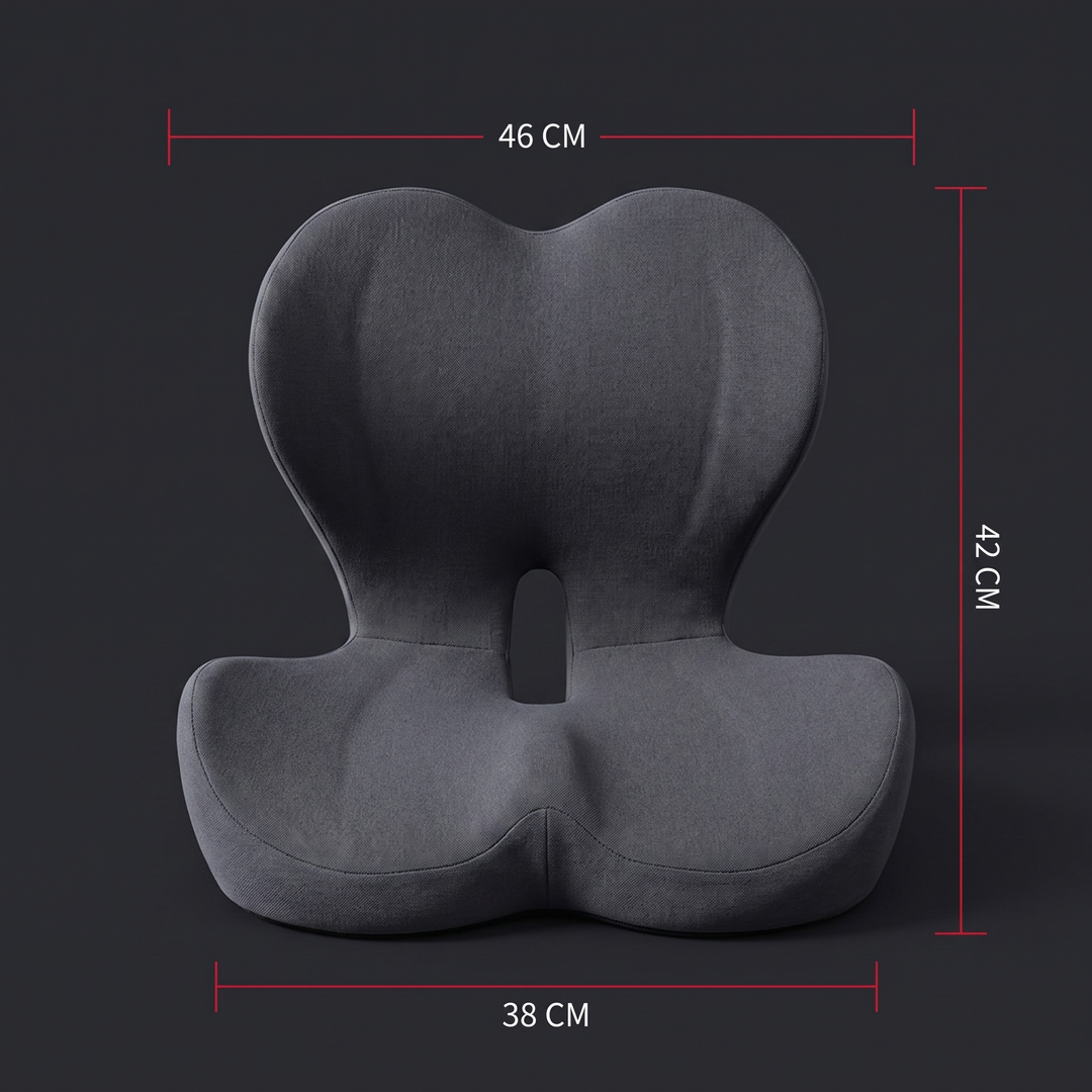 Size comparison infographic for the ergonomic lumbar support seat cushion showing dimensions