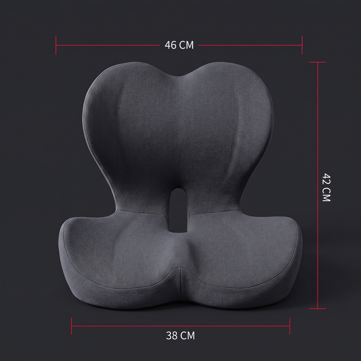 Size comparison infographic for the ergonomic lumbar support seat cushion showing dimensions