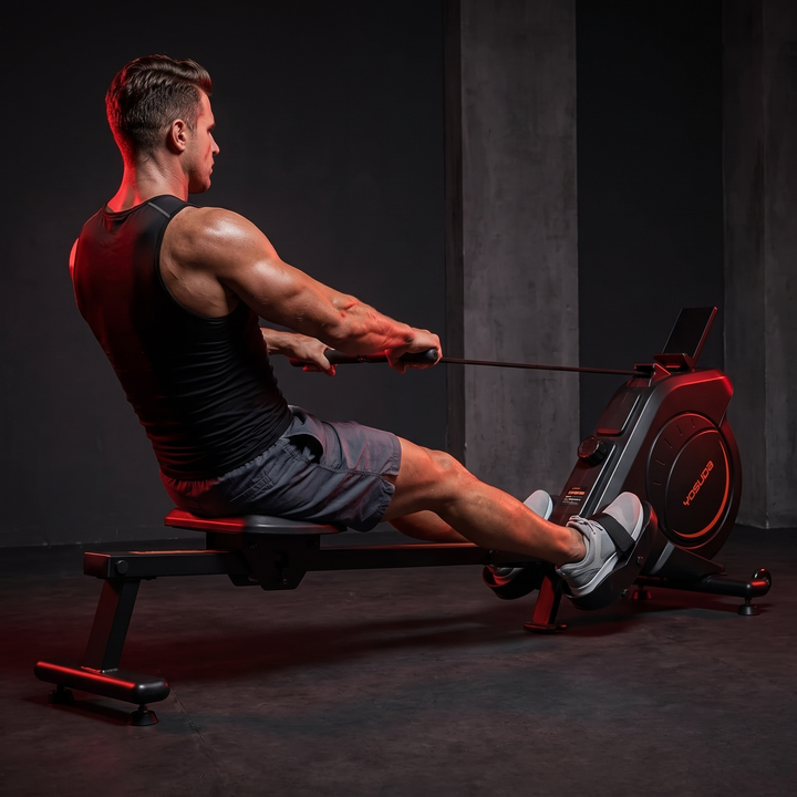 PHYSIOATHLETX Magnetic Rowing Machine 350 LB Capacity - male athlete finish position