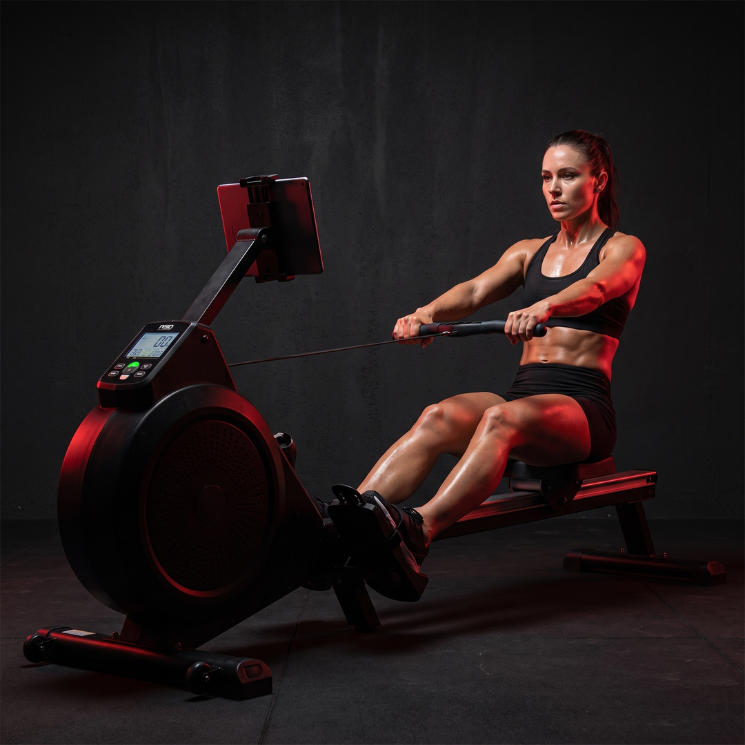 PHYSIOATHLETX Magnetic Rowing Machine 350 LB Capacity - female athlete seated with tablet