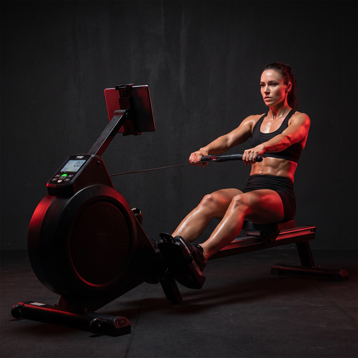 PHYSIOATHLETX Magnetic Rowing Machine 350 LB Capacity - female athlete seated with tablet