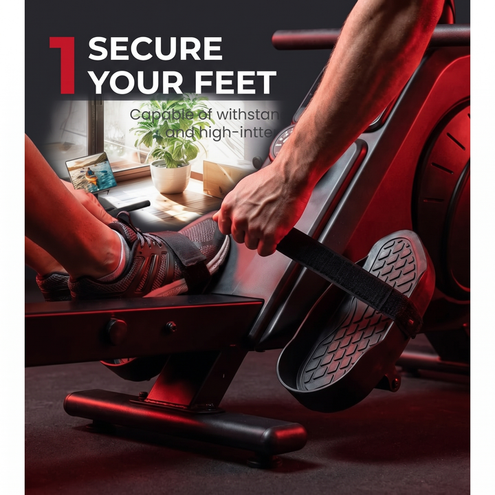 PHYSIOATHLETX Magnetic Rowing Machine 350 LB Capacity - step 1 secure your feet