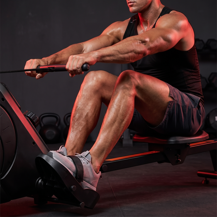 PHYSIOATHLETX Magnetic Rowing Machine 350 LB Capacity - rowing stroke catch position close up