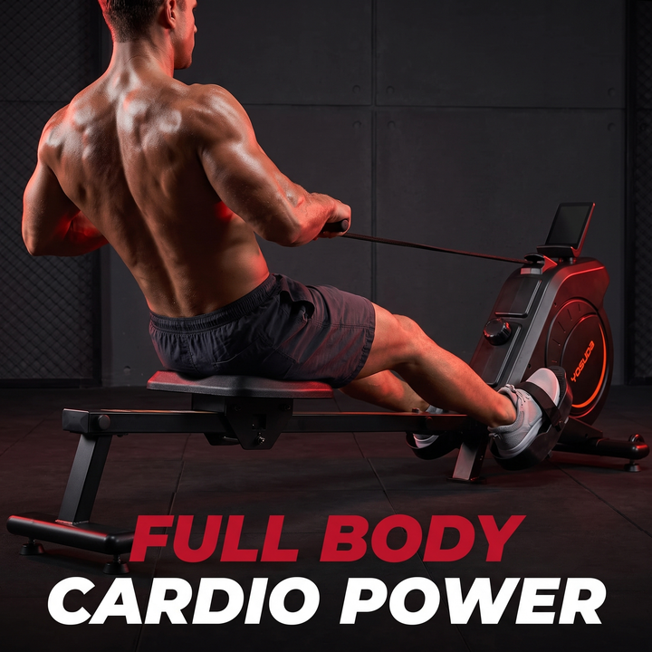 PHYSIOATHLETX Magnetic Rowing Machine 350 LB Capacity - rowing stroke finish position close up