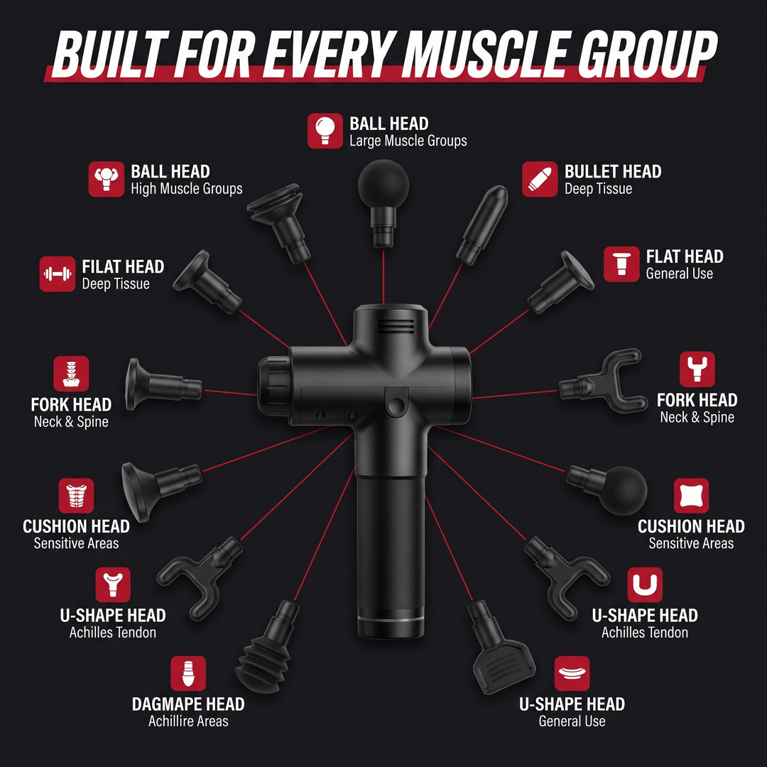 Professional Electric Massage Gun 11-Head Percussion Massager - Attachment Heads Infographic