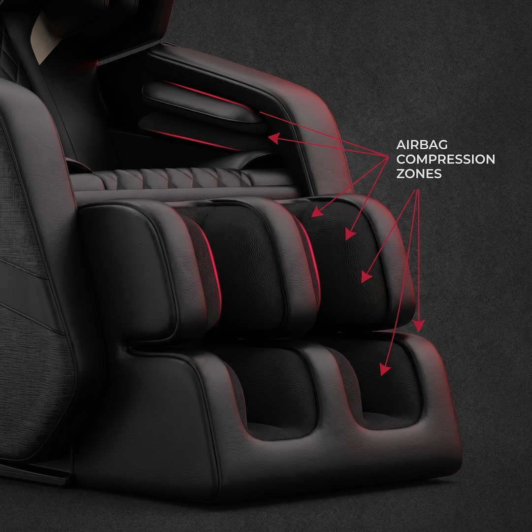 PHYSIOATHLETX Full Body Massage Recliner Chair - airbag compression zones detail, black