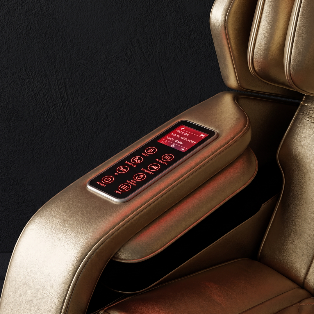 PHYSIOATHLETX Full Body Massage Recliner Chair - armrest control panel detail, gold