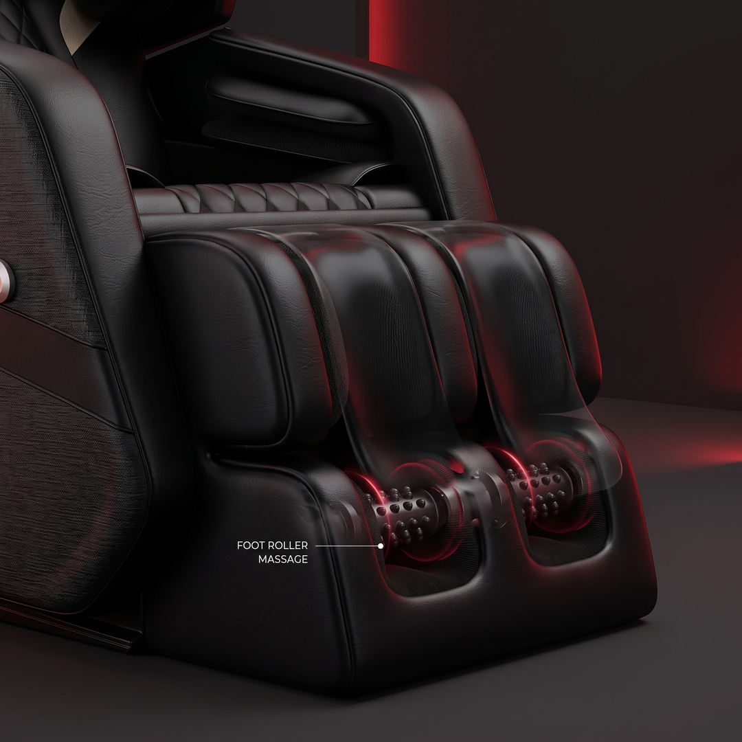 PHYSIOATHLETX Full Body Massage Recliner Chair - foot roller massage detail, black