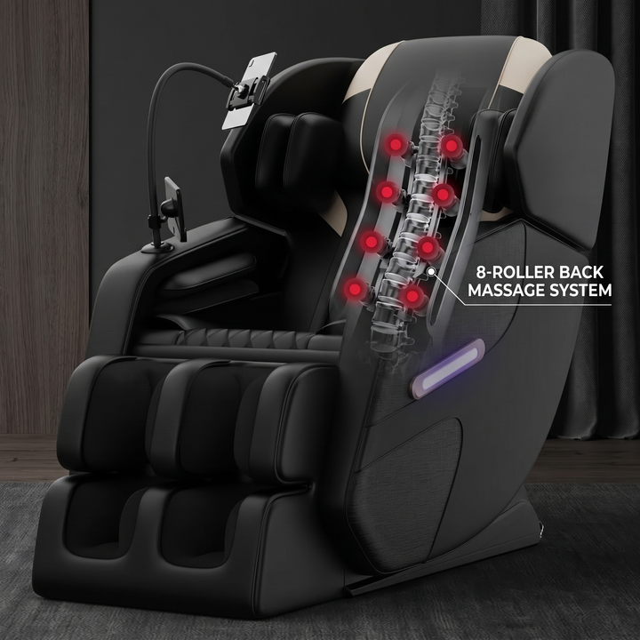 PHYSIOATHLETX Full Body Massage Recliner Chair - 8-roller back massage system diagram, black