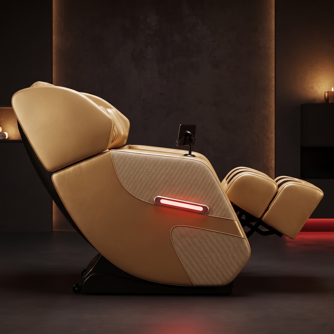 PHYSIOATHLETX Full Body Massage Recliner Chair - side profile recline, gold
