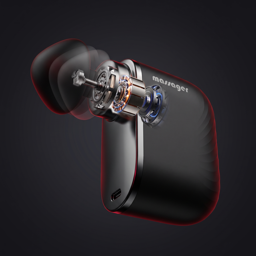 Compact mini massage gun, hero angle view