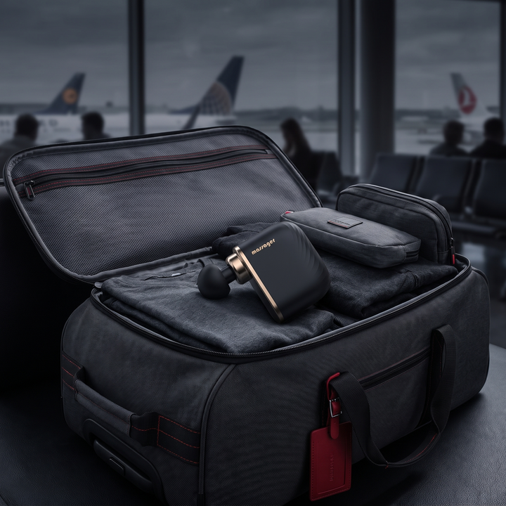 Mini massage gun packed for travel in carry-on bag