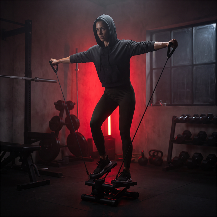 Heavy-Duty Mini Stepper with Resistance Bands LCD Monitor - lifestyle woman training with resistance bands