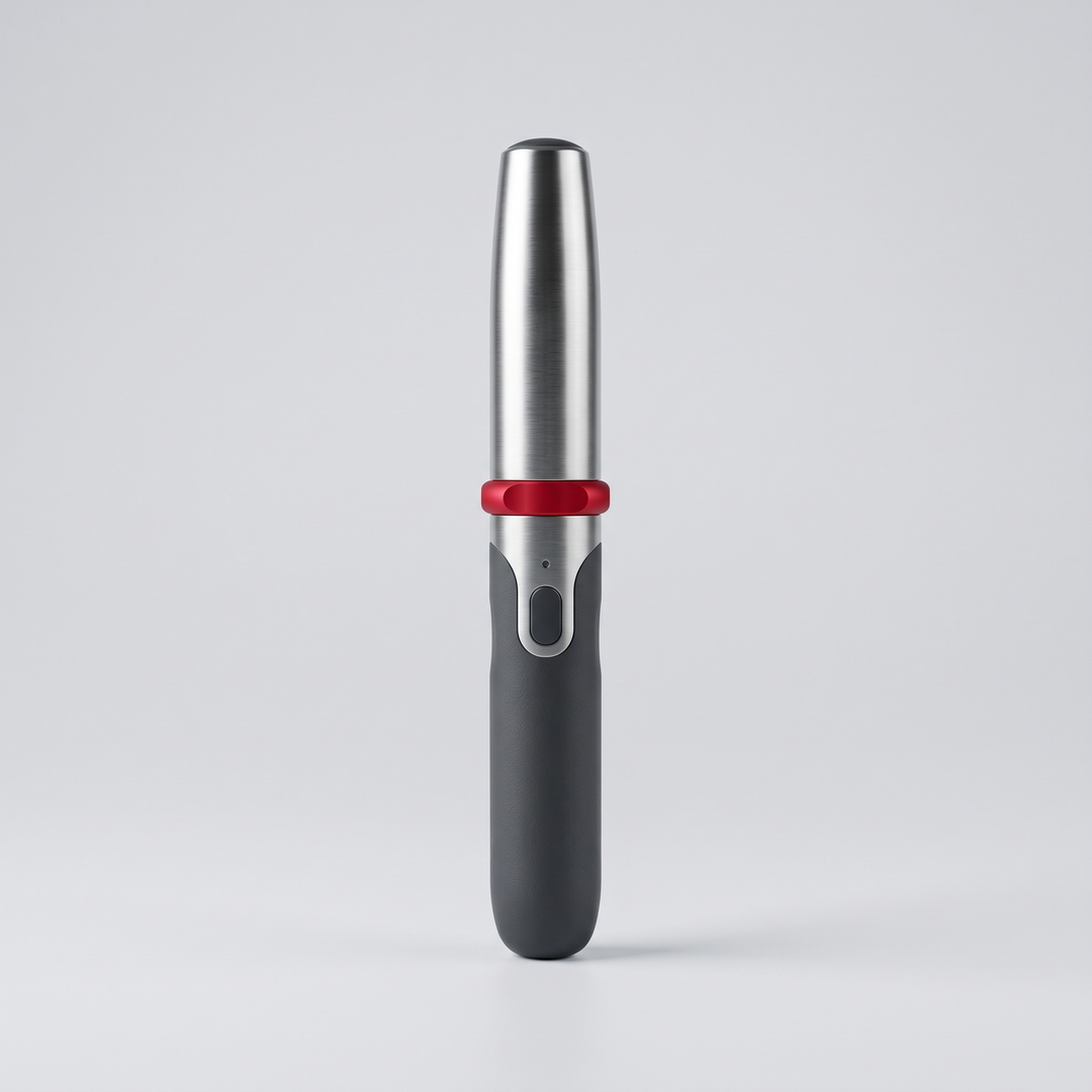 PHYSIOATHLETX handheld muscle relaxation pen, B-type, silver and charcoal front view on neutral background
