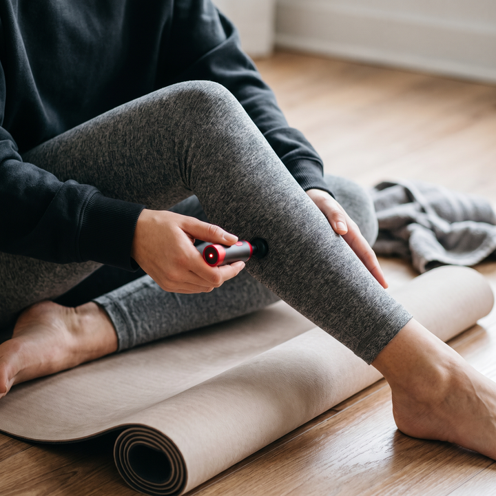 Person using the PHYSIOATHLETX handheld muscle relaxation pen on their calf for post-workout recovery