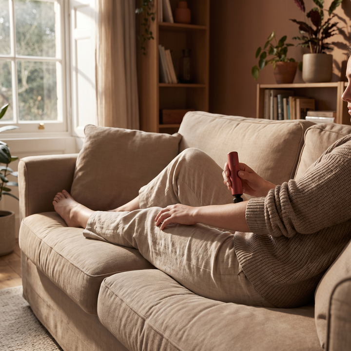 Person using the PHYSIOATHLETX handheld muscle relaxation pen on their forearm while relaxing on a couch