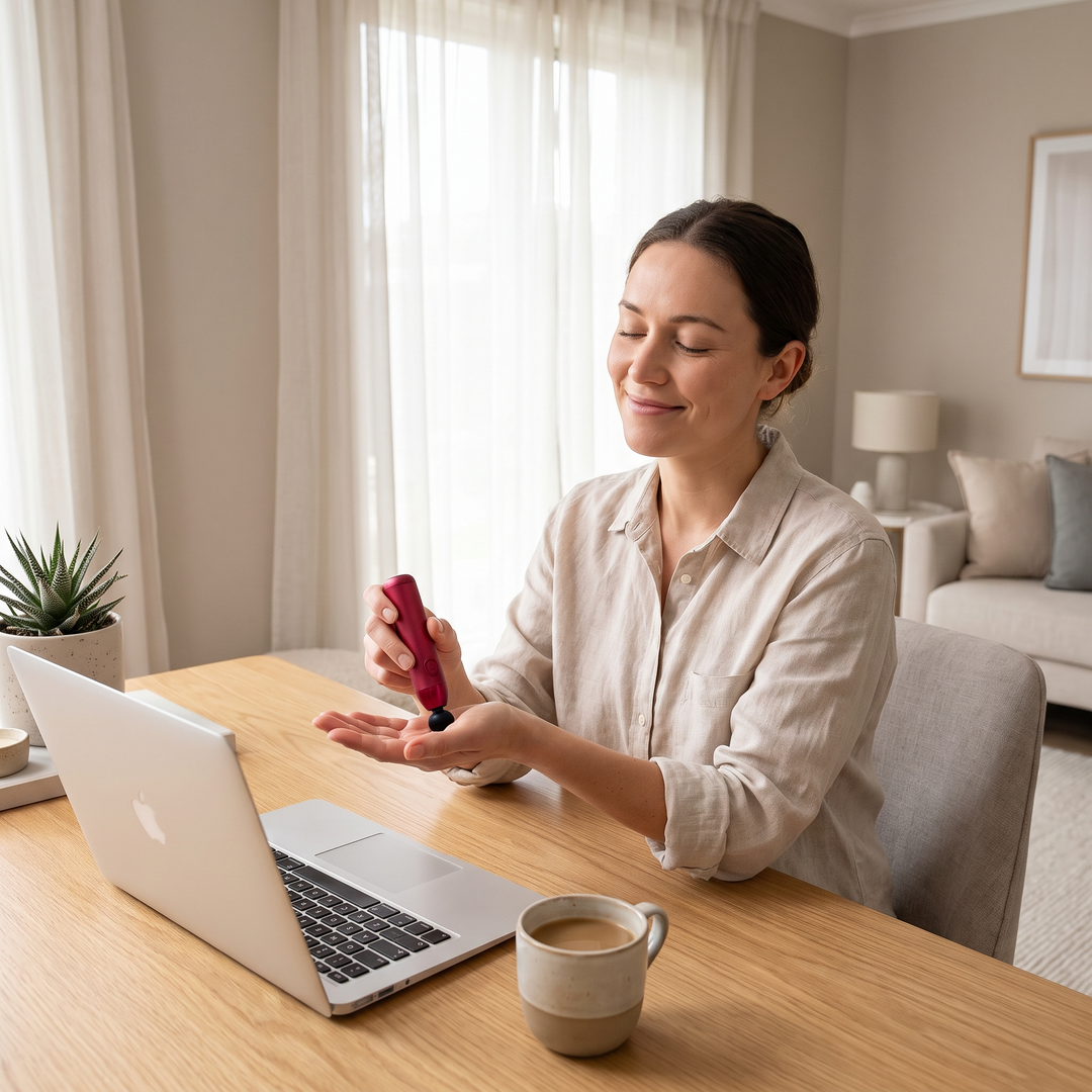 Person using the PHYSIOATHLETX handheld muscle relaxation pen on their hand during a break at a home office desk