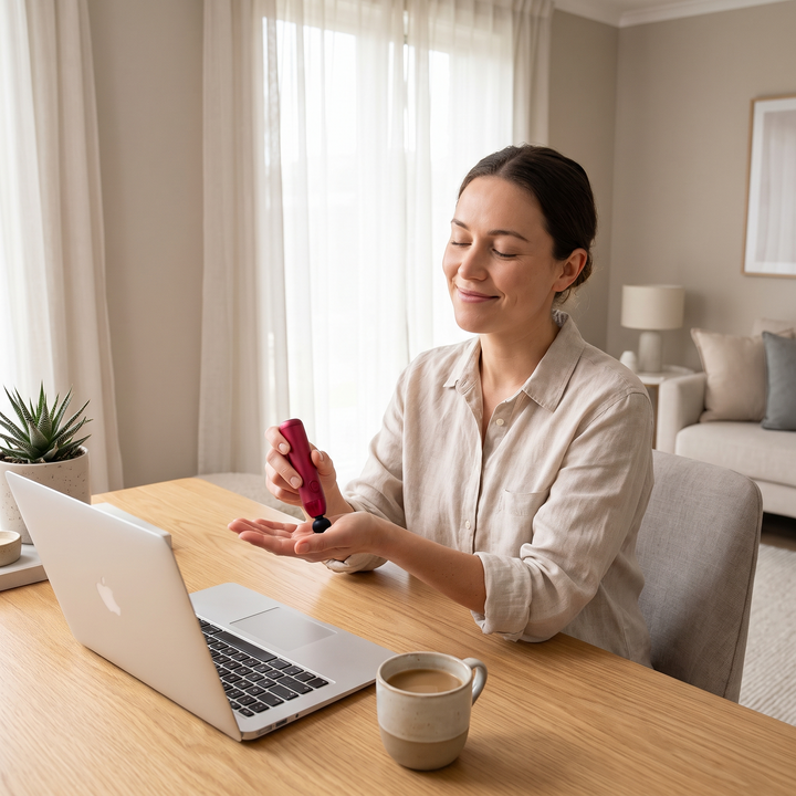 Person using the PHYSIOATHLETX handheld muscle relaxation pen on their hand during a break at a home office desk