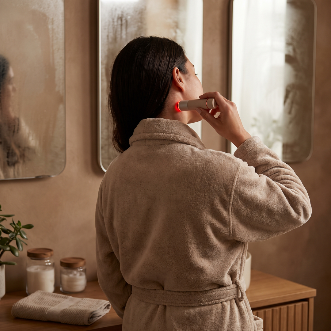 Person using the PHYSIOATHLETX handheld muscle relaxation pen on the back of their neck during an evening self-care routine