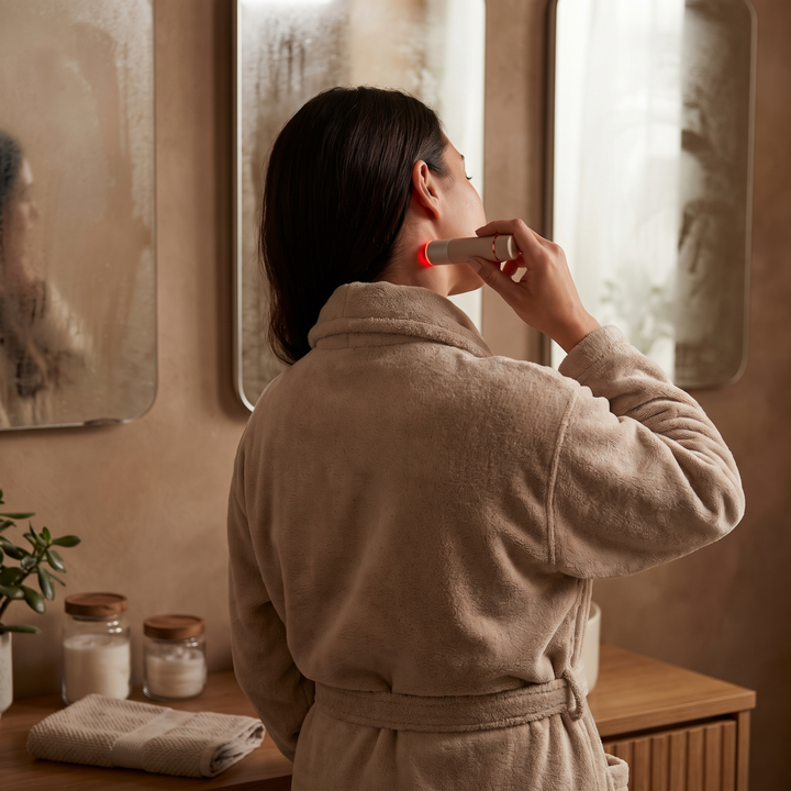 Person using the PHYSIOATHLETX handheld muscle relaxation pen on the back of their neck during an evening self-care routine