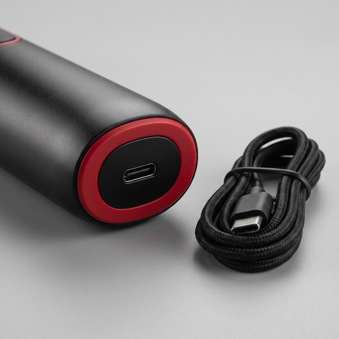 Close-up of the USB rechargeable charging port on the PHYSIOATHLETX handheld muscle relaxation pen