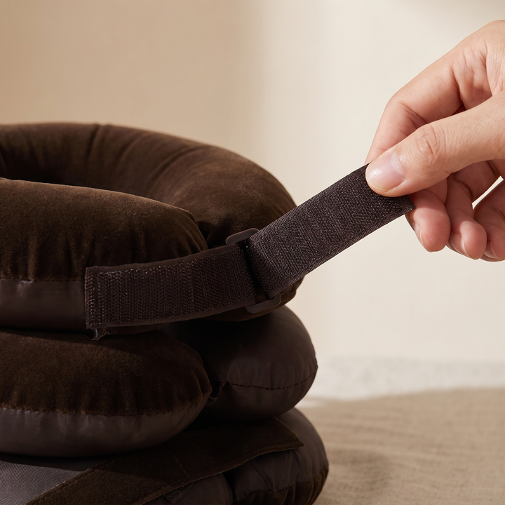 Close-up of the adjustable strap and secure wraparound fit on the brown neck relaxation cushion