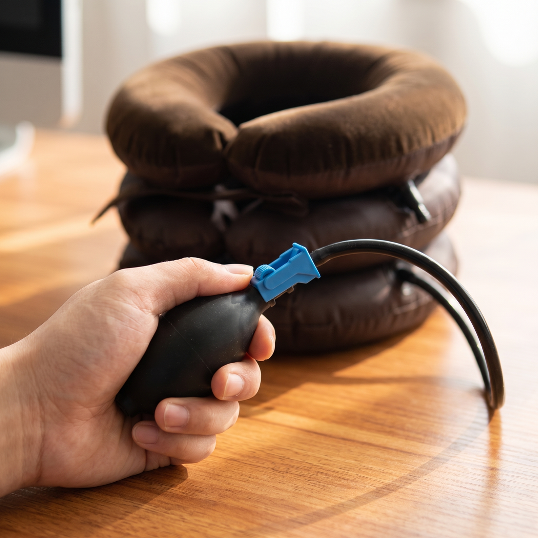 Close-up of the hand air pump used to inflate the brown neck relaxation cushion