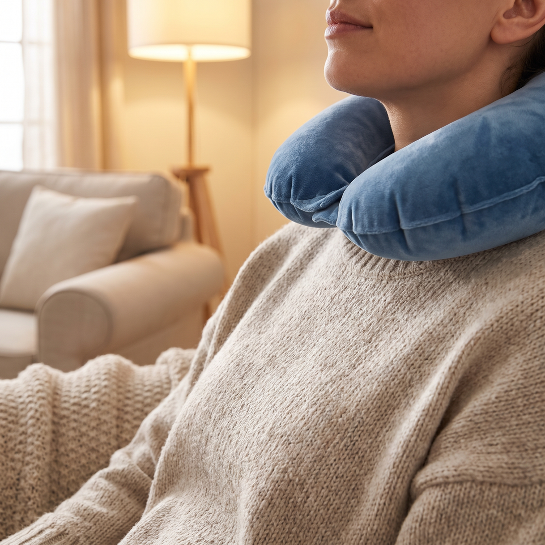 Close-up of neck and shoulders wearing the blue neck relaxation cushion for stress relief