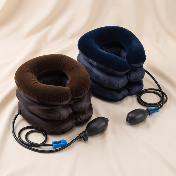 Brown and blue neck relaxation cushions shown side by side for color comparison