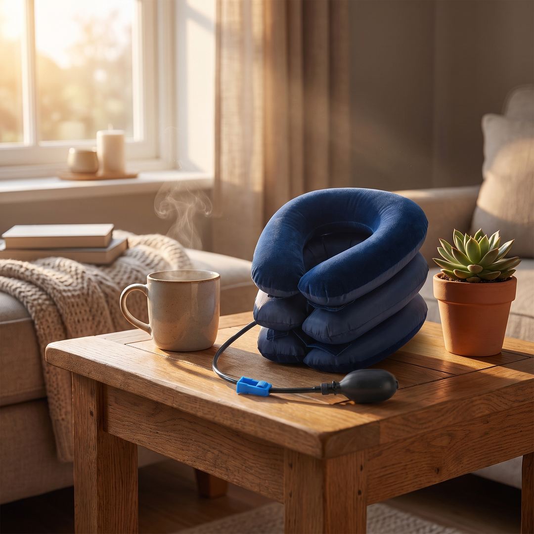 Blue neck relaxation cushion resting on a side table in a cozy home setting