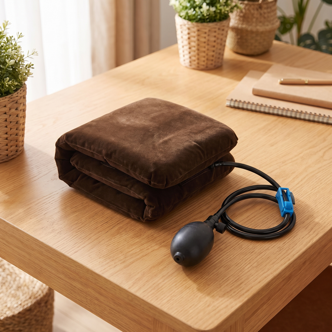 Brown inflatable neck relaxation cushion shown deflated and folded for compact storage