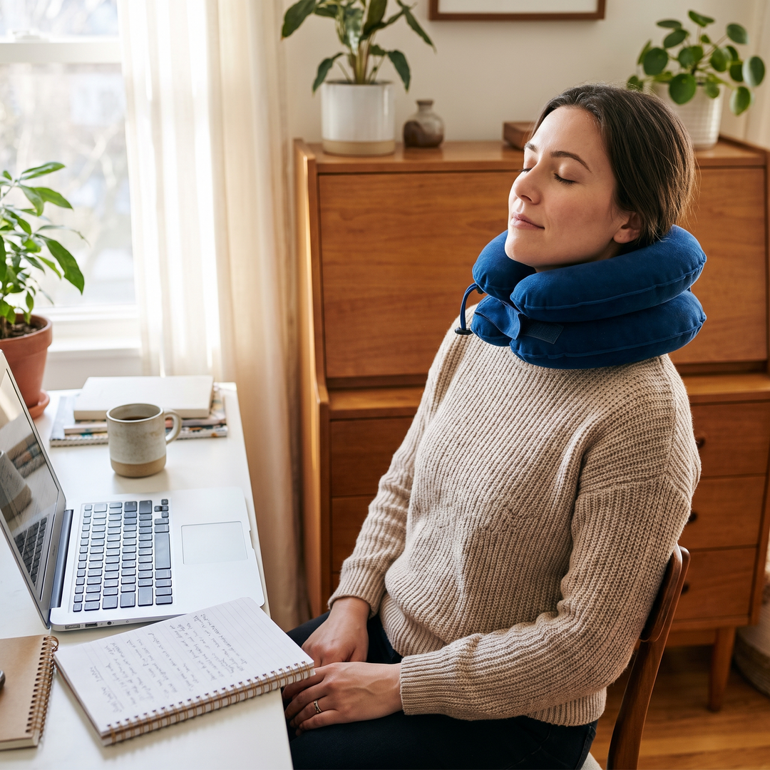 Person stretching their neck at a home office desk while wearing the blue neck relaxation cushion