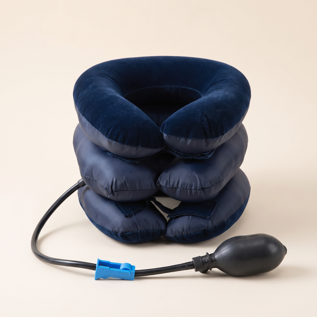 Front view of blue inflatable neck and shoulder relaxation support, adjustable wraparound fit