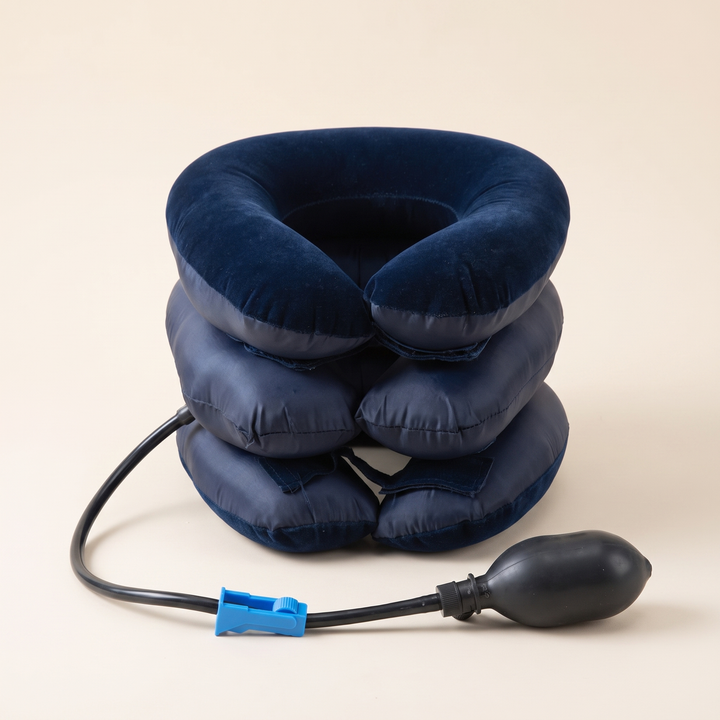 Front view of blue inflatable neck and shoulder relaxation support, adjustable wraparound fit