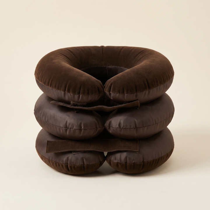 Front view of brown inflatable neck and shoulder relaxation support, adjustable wraparound fit