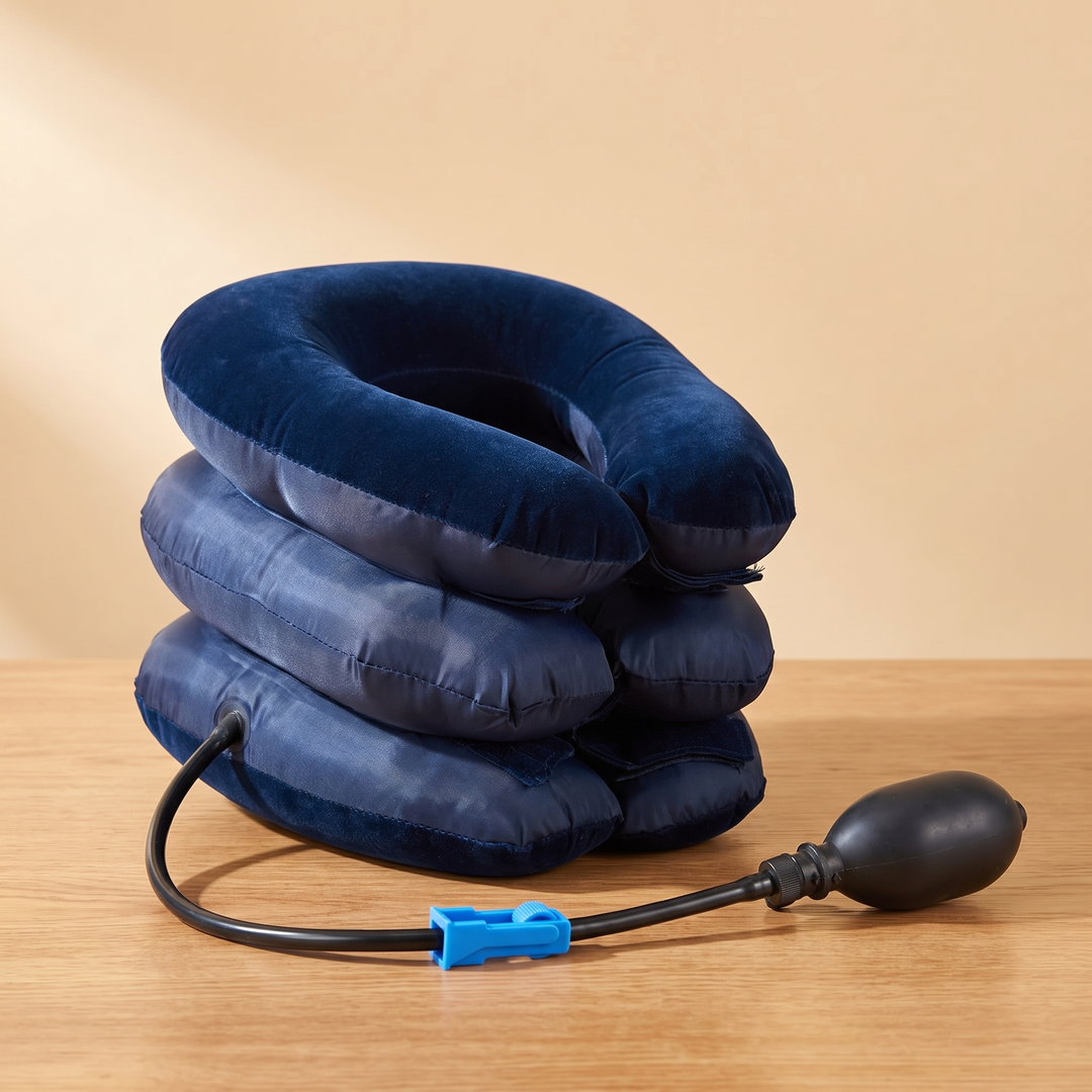 PHYSIOATHLETX blue inflatable neck and shoulder relaxation cushion, fully inflated, home wellness product photo