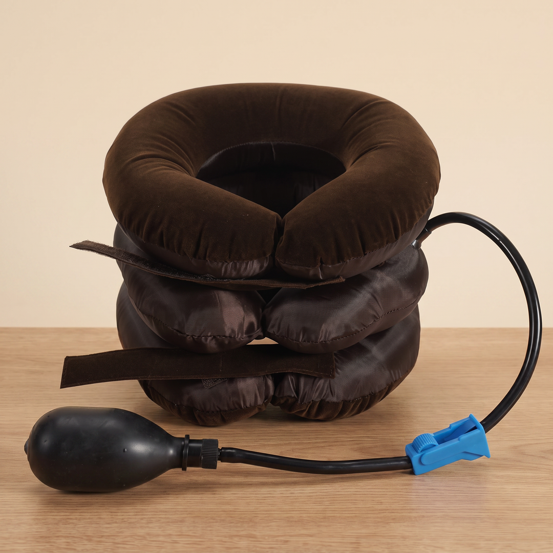 PHYSIOATHLETX brown inflatable neck and shoulder relaxation cushion, fully inflated, home wellness product photo