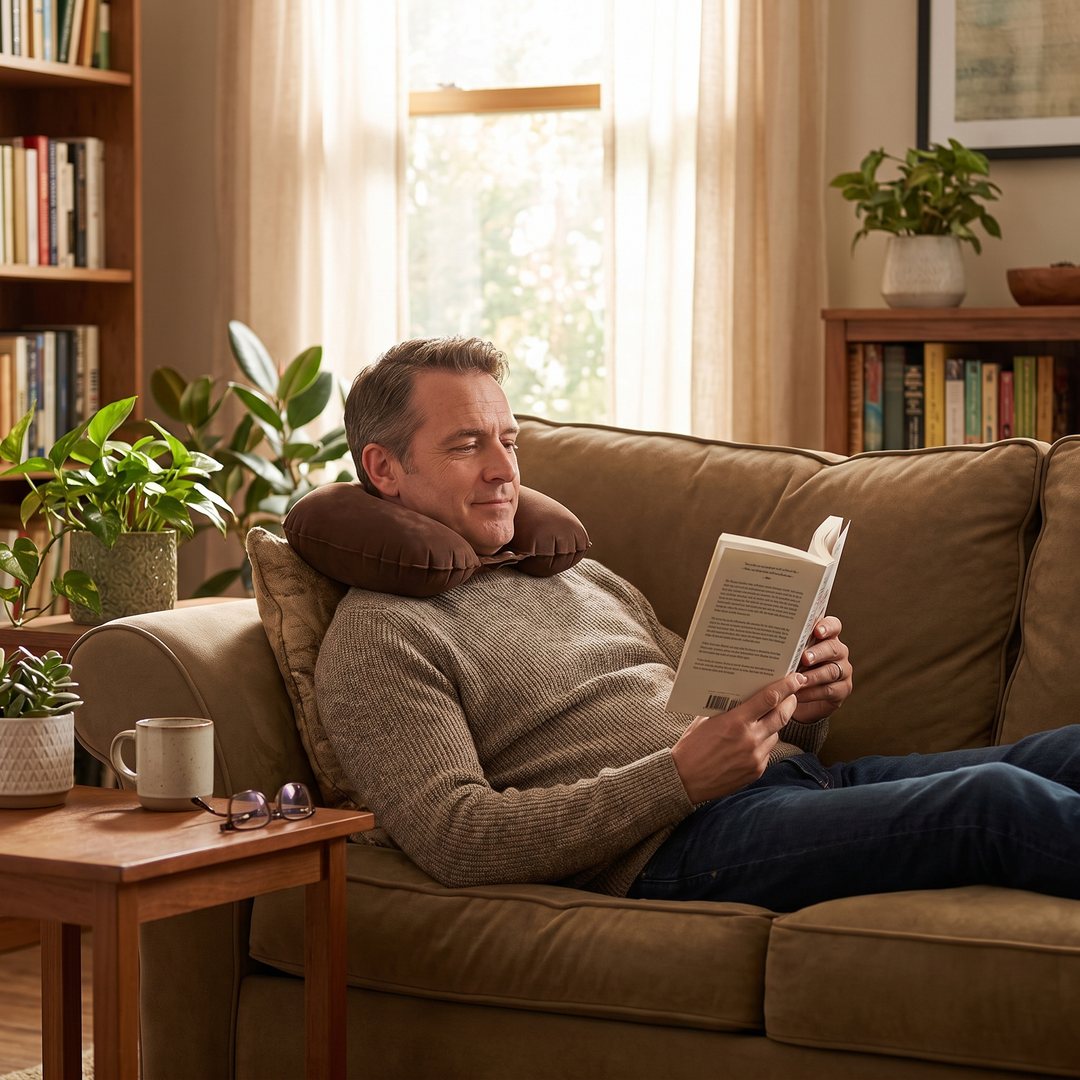 Man relaxing on a couch reading, wearing the brown neck relaxation cushion