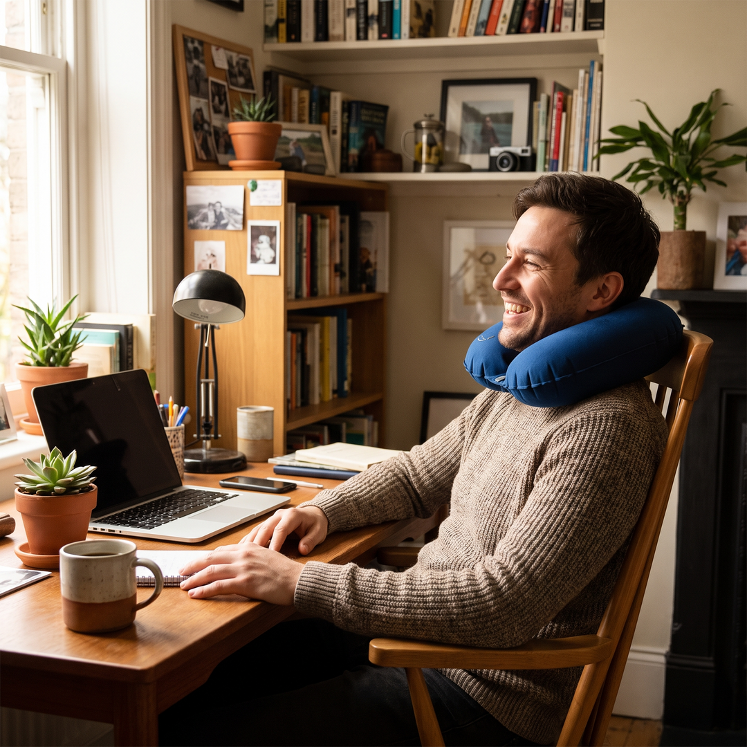 Man relaxing at a home office desk wearing the blue neck and shoulder relaxation cushion