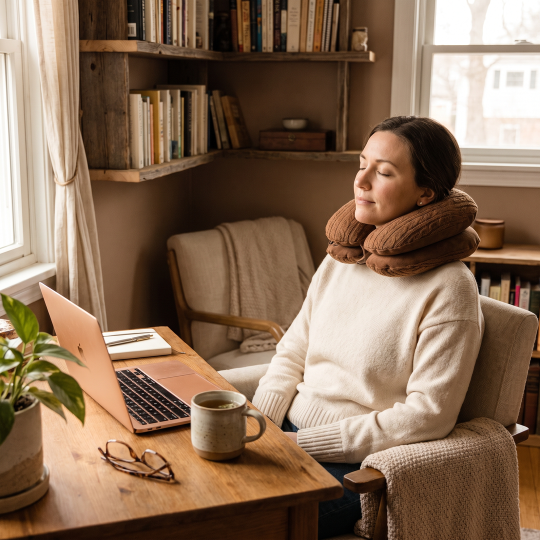 Woman relaxing at a home office desk wearing the brown neck and shoulder relaxation cushion