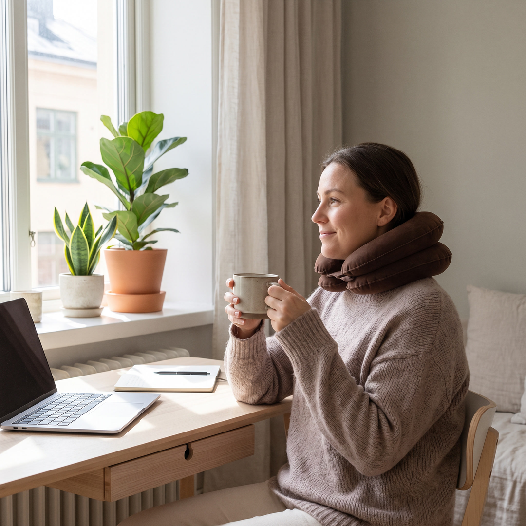 Woman working from home near a window, wearing the brown neck relaxation cushion