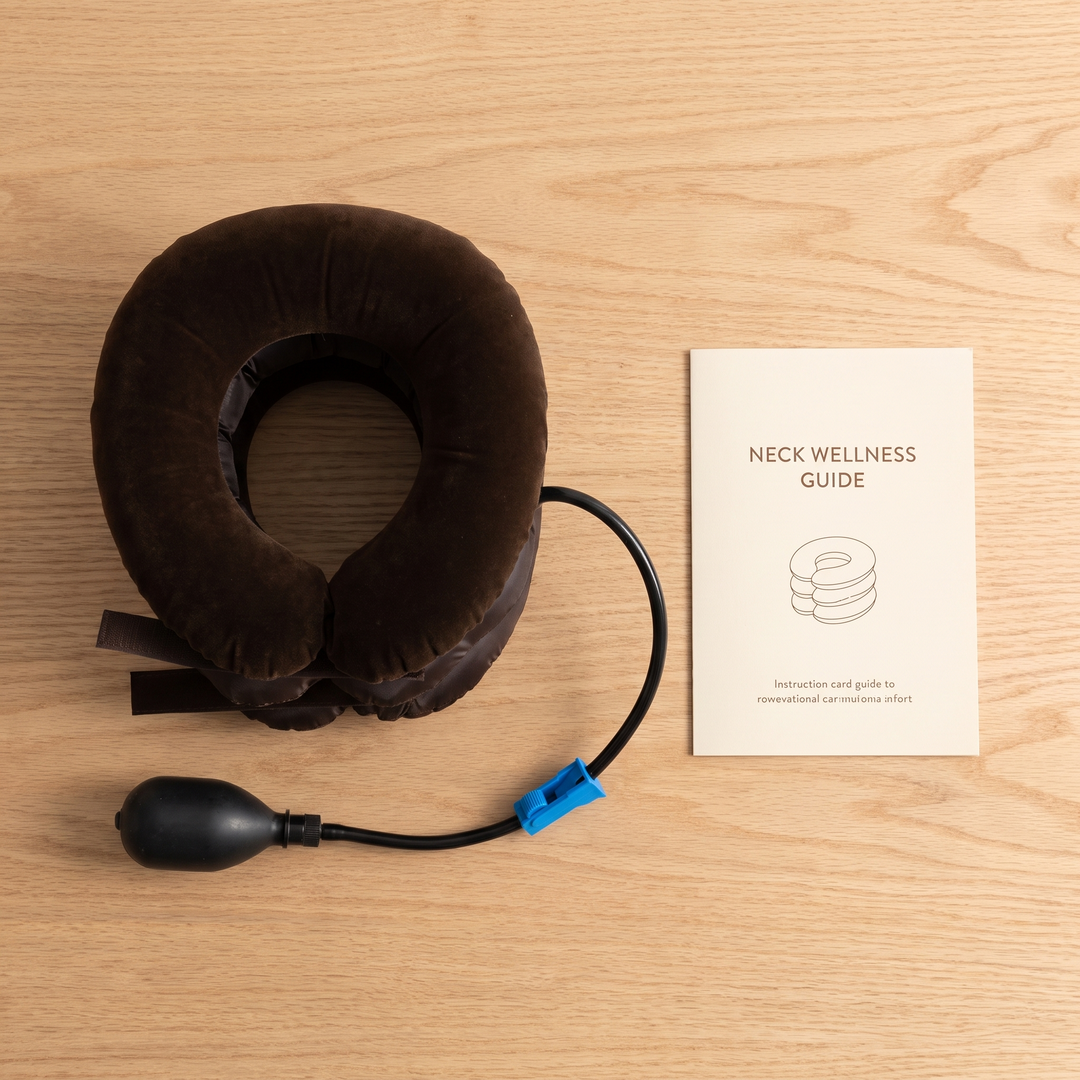 Flat lay of the brown neck relaxation cushion with hand pump and instruction card