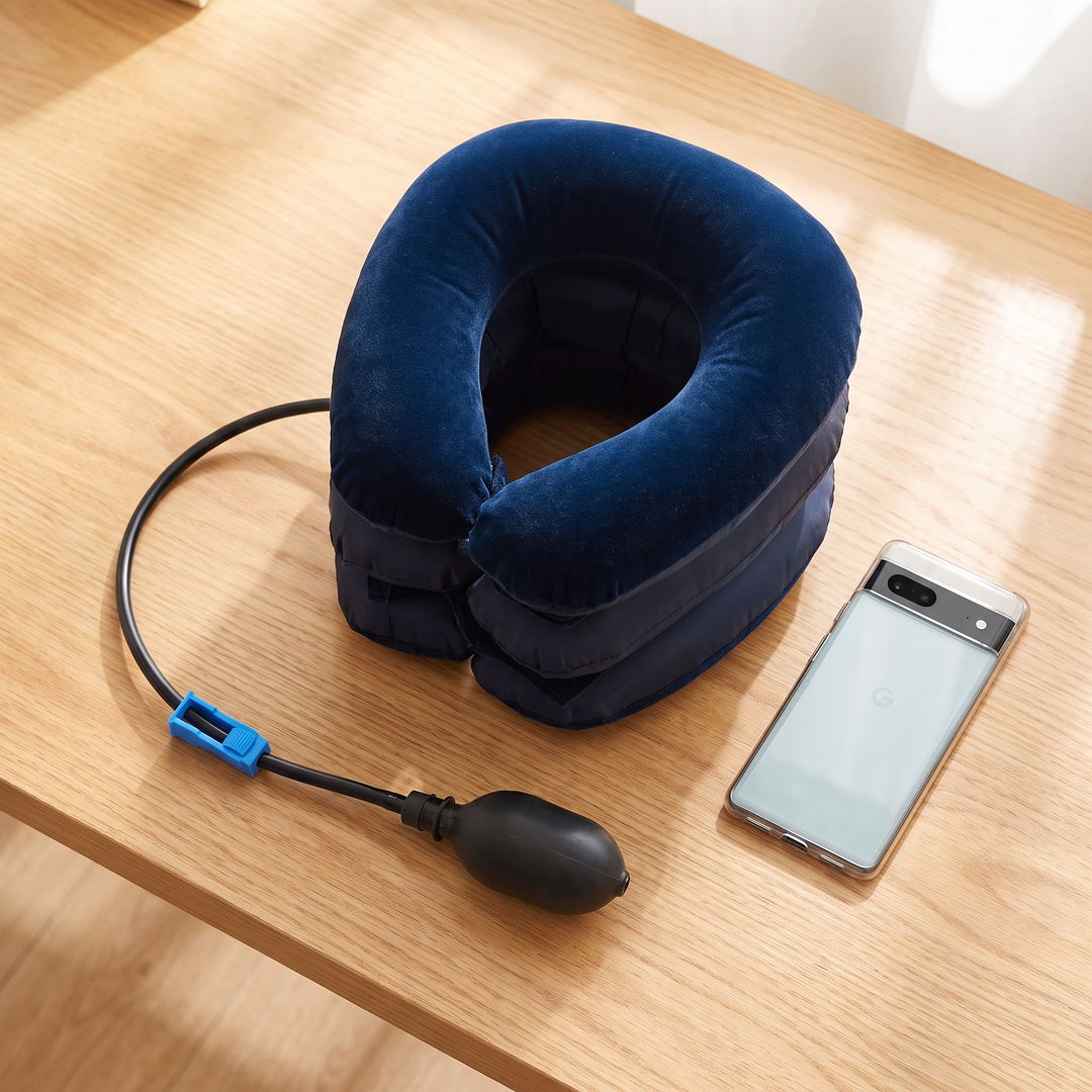 Size comparison of the blue neck relaxation cushion next to a smartphone