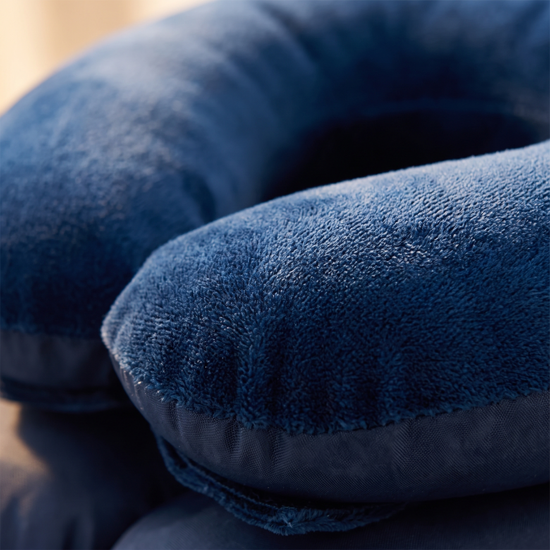 Macro view of the soft, skin-friendly fabric on the blue neck relaxation cushion