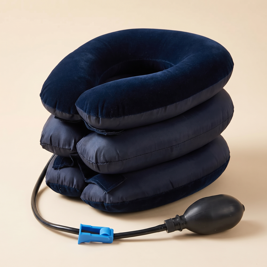 Side view highlighting the three soft air chambers of the blue neck relaxation cushion