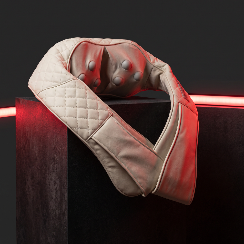 Cream-coloured neck and shoulder massager, angled view highlighting ergonomic shape and kneading nodes